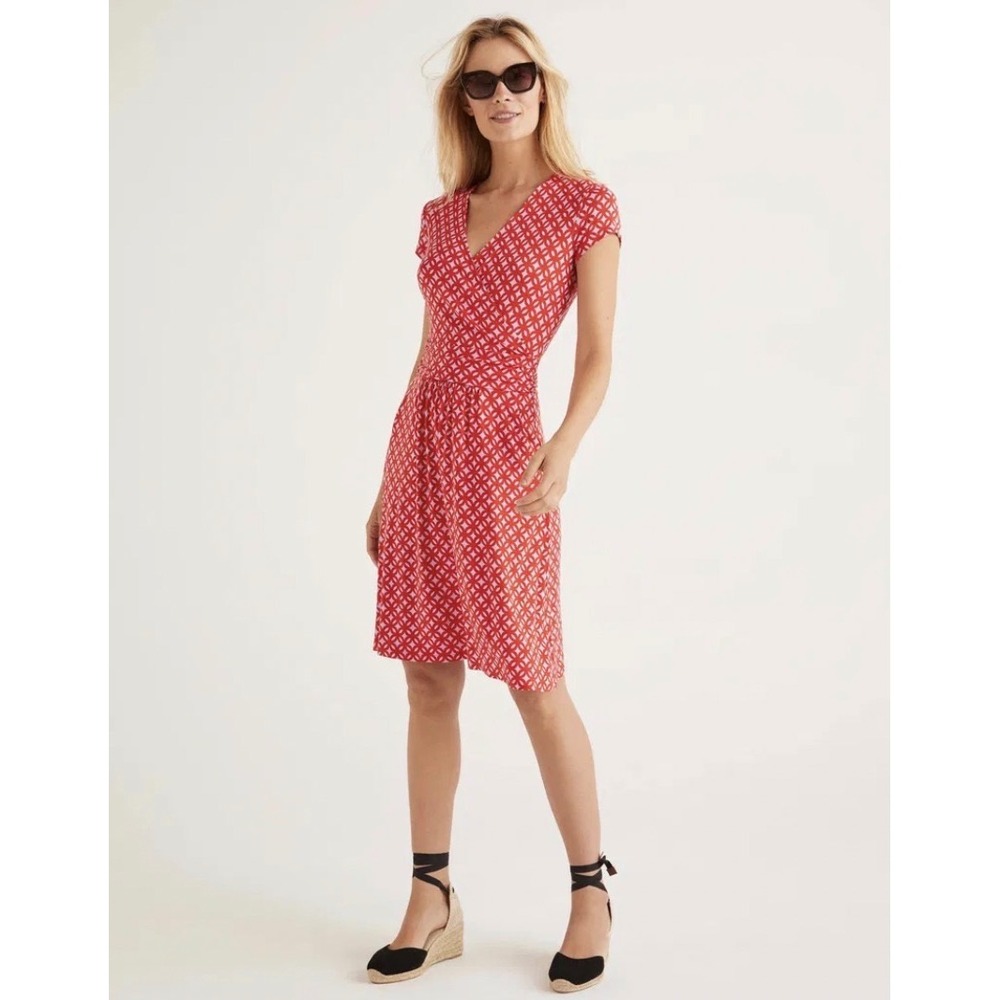 Boden Womens 10R Faux Wrap Dress Red Pink Geometric Lola Jersey Casual Comfort